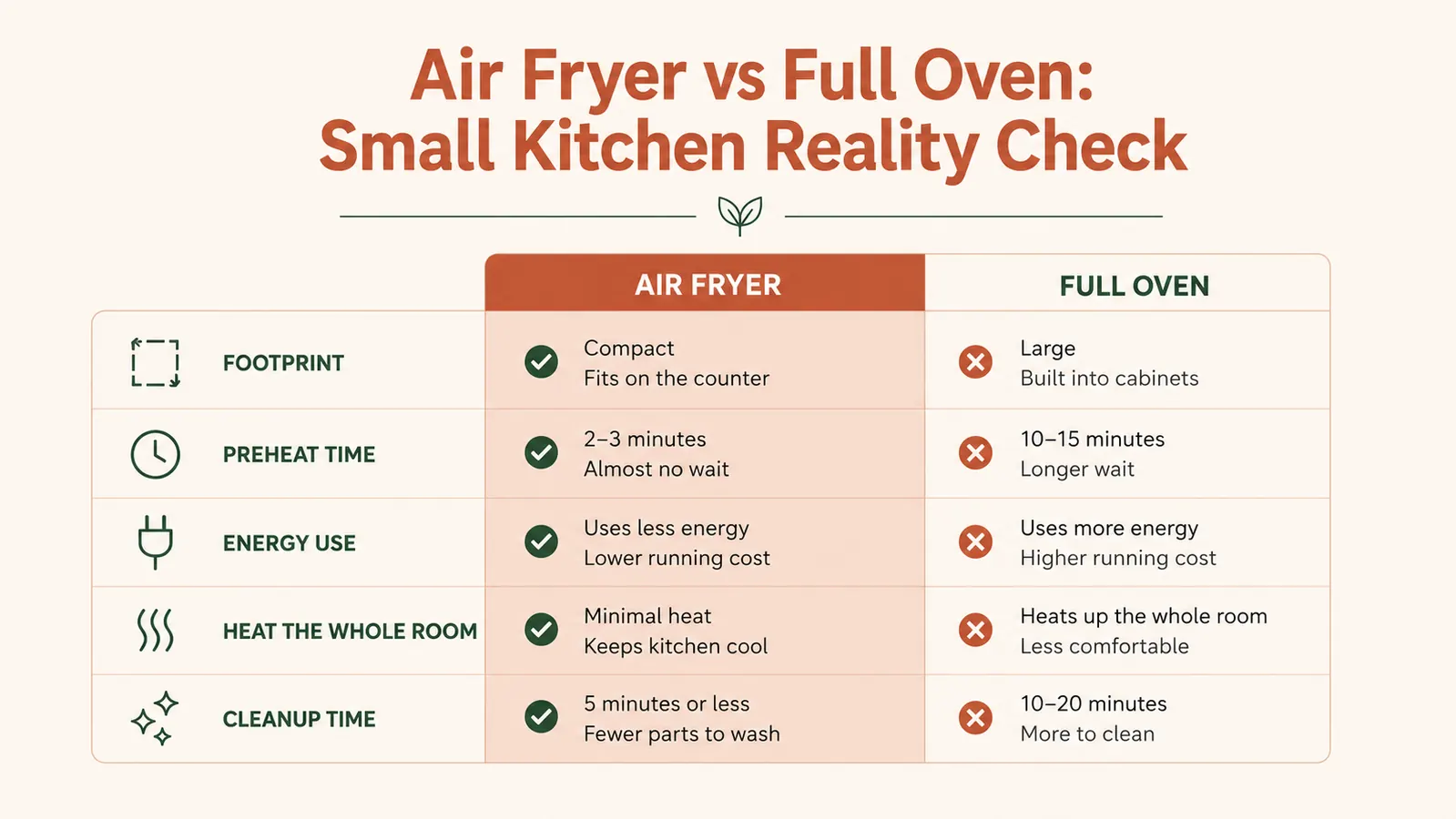 Air fryer versus full-size oven comparison chart showing footprint and preheat time