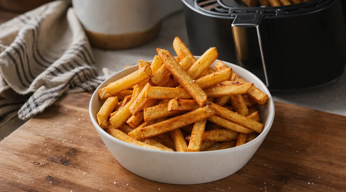 Crispy golden french fries fresh out of a compact air fryer, served in a small white bowl