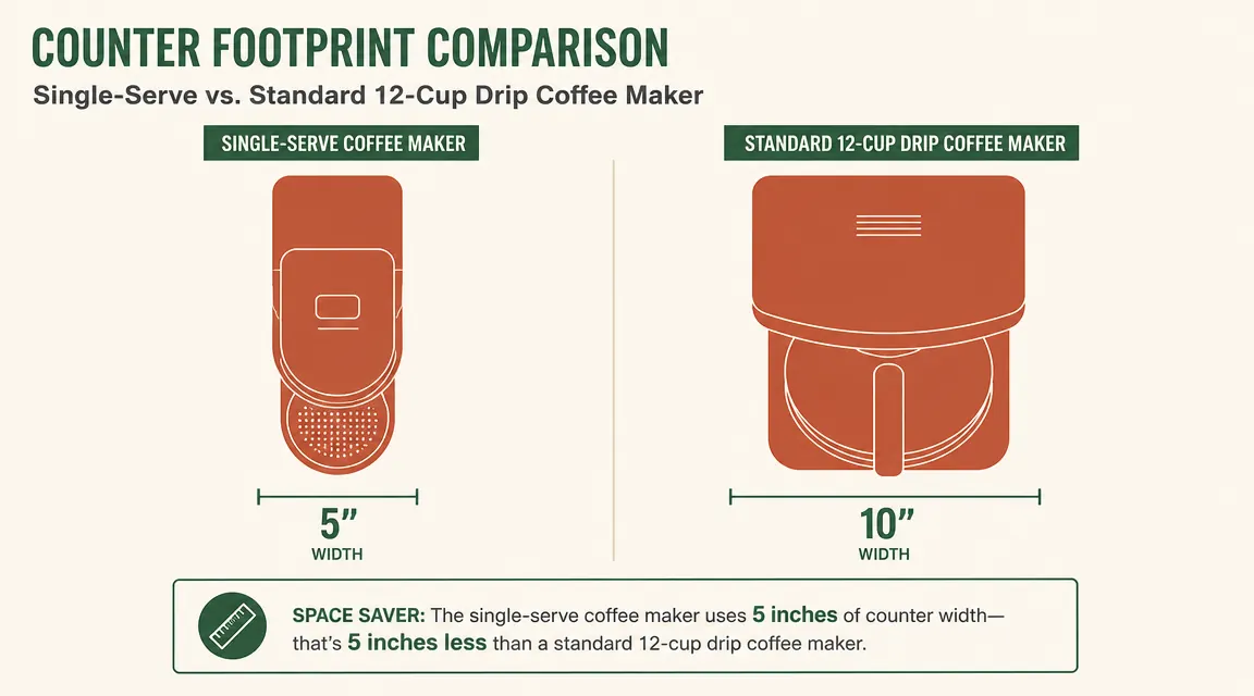 Overhead chart comparing counter footprint of single-serve vs full drip coffee maker in inches