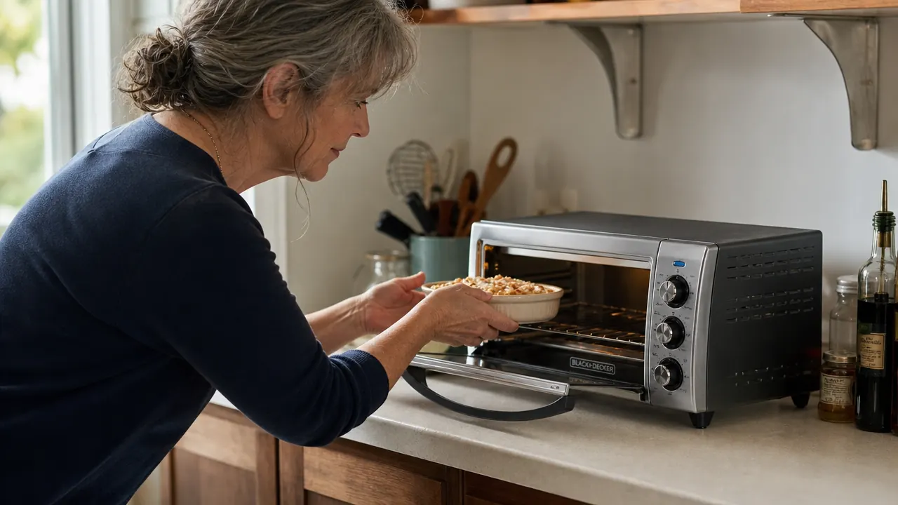 Hand sliding a small baking sheet of roasted vegetables into the BLACK+DECKER toaster oven