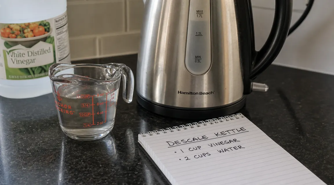 Small bowl of white vinegar beside an electric kettle, descaling setup on a kitchen counter