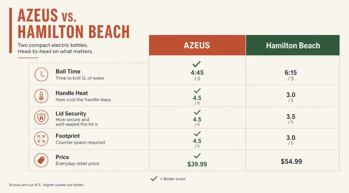 Side-by-side comparison chart showing boil time, handle temperature, and lid security scores for two kettles