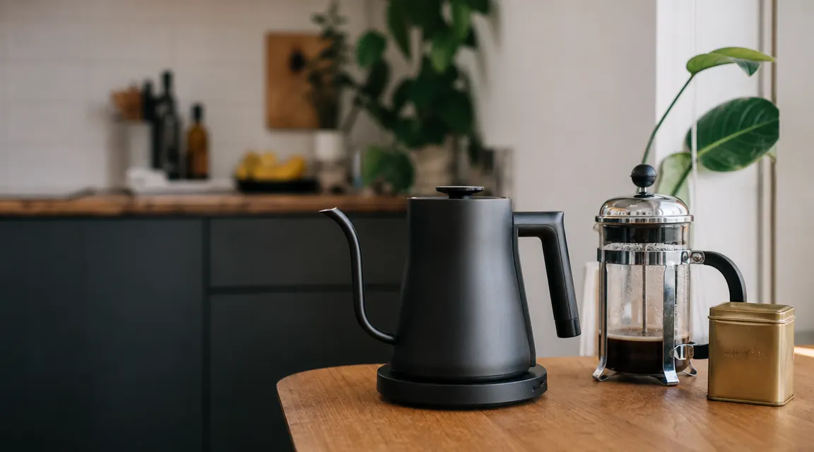 Electric kettle sitting on a small apartment kitchen counter next to a French press and a jar of loose leaf tea