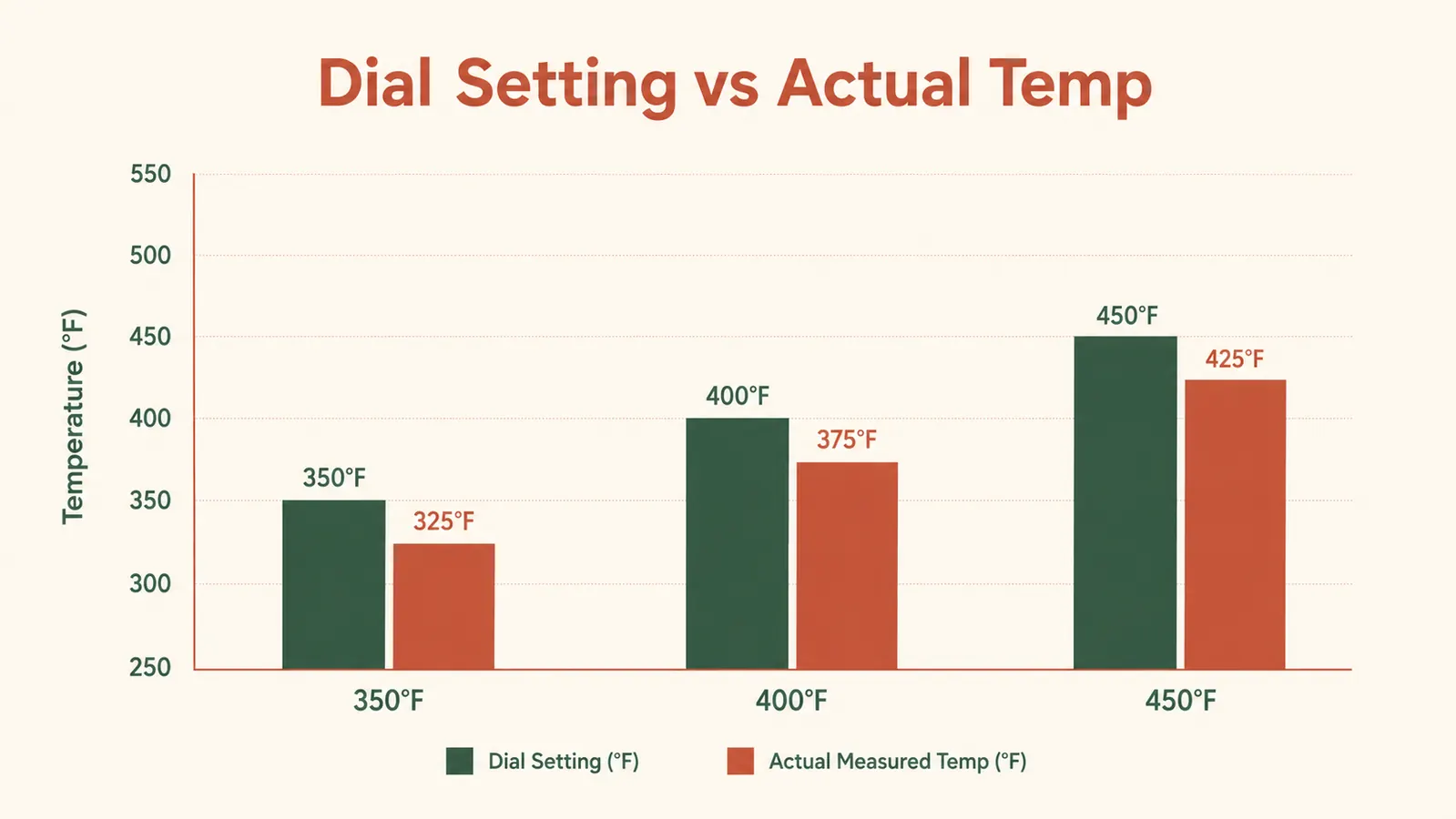 Chart comparing actual internal temperature versus dial setting on the BLACK+DECKER TO1760SS at 350, 400, and 450 degrees