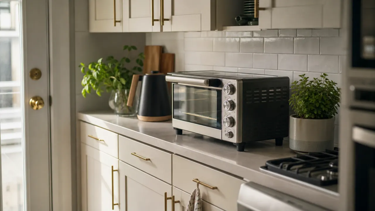 Small kitchen counter organized neatly with toaster oven, electric kettle, and a single plant, showing how compact appliances coexist in a tight space