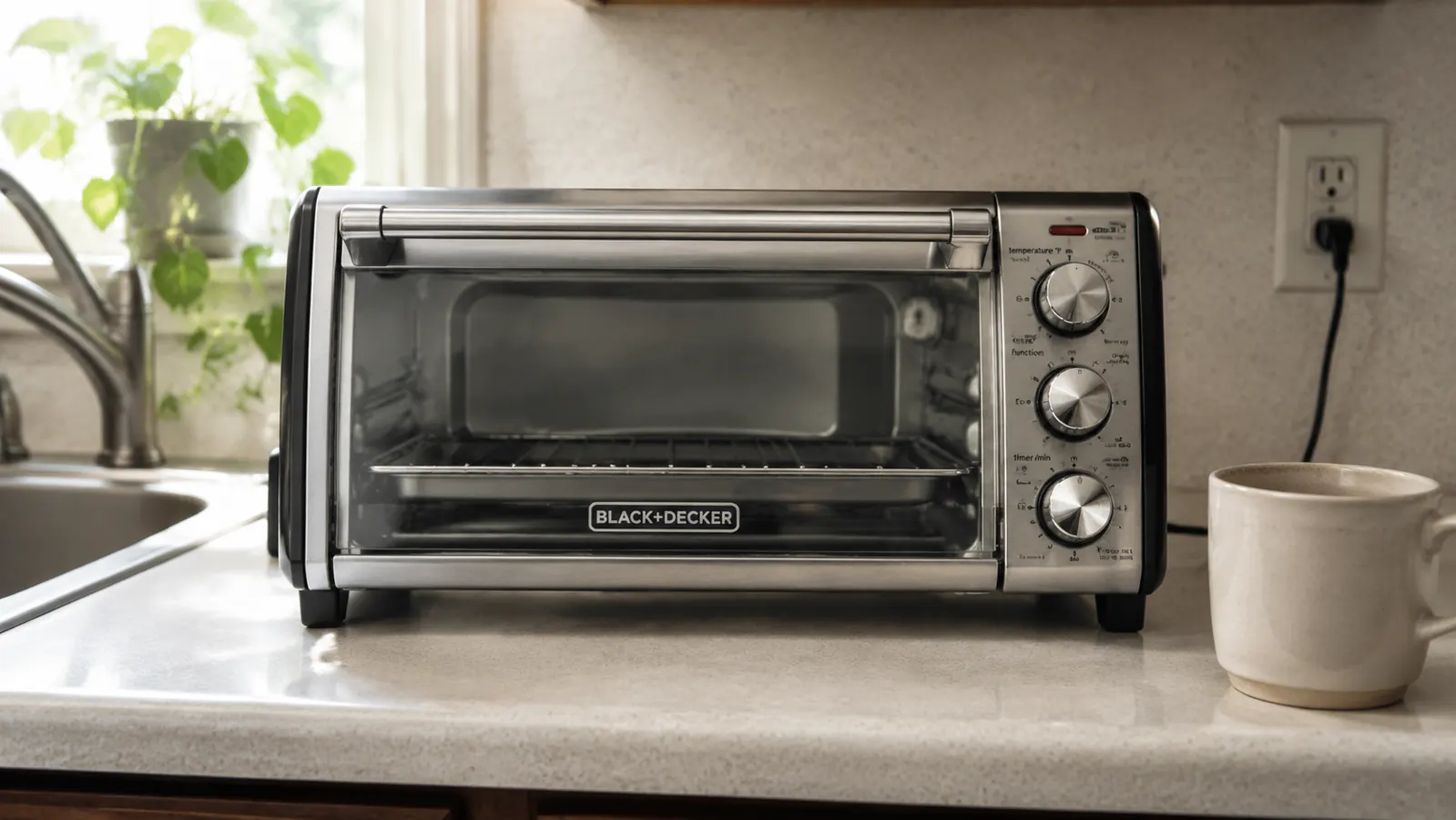 The BLACK+DECKER TO1760SS toaster oven with toast inside, positioned on a compact kitchen counter