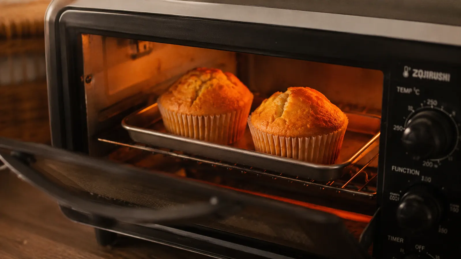 Small-batch baking in a compact toaster oven, two muffins on a tray with a cozy kitchen backdrop