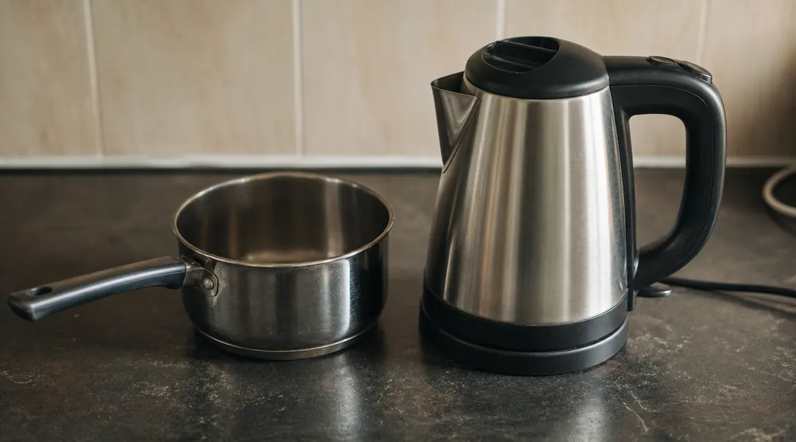 Stovetop saucepan next to electric kettle on a counter, side by side comparison of size