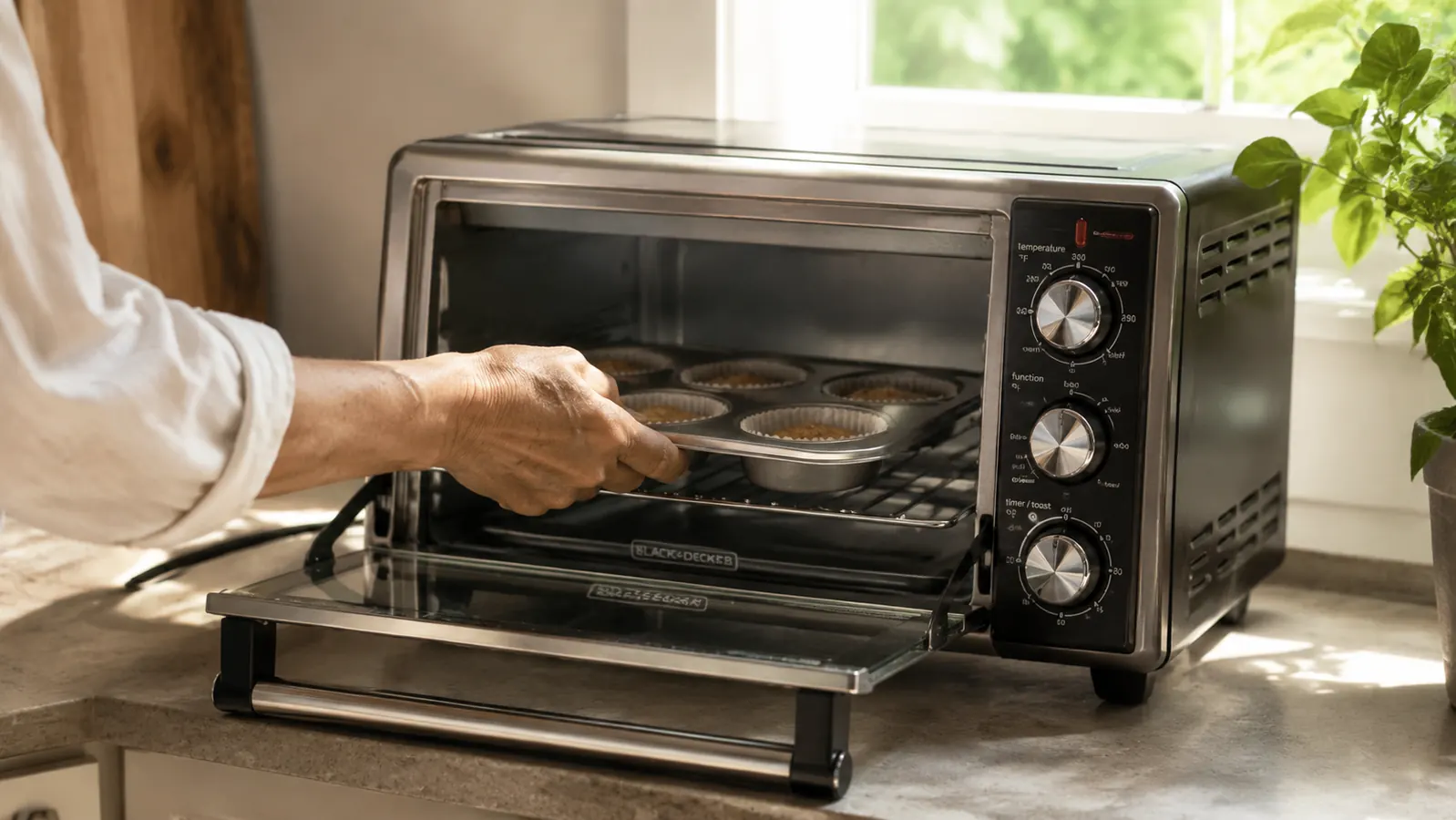 Hand placing a small dark baking pan on the center rack of a BLACK+DECKER TO1760SS toaster oven