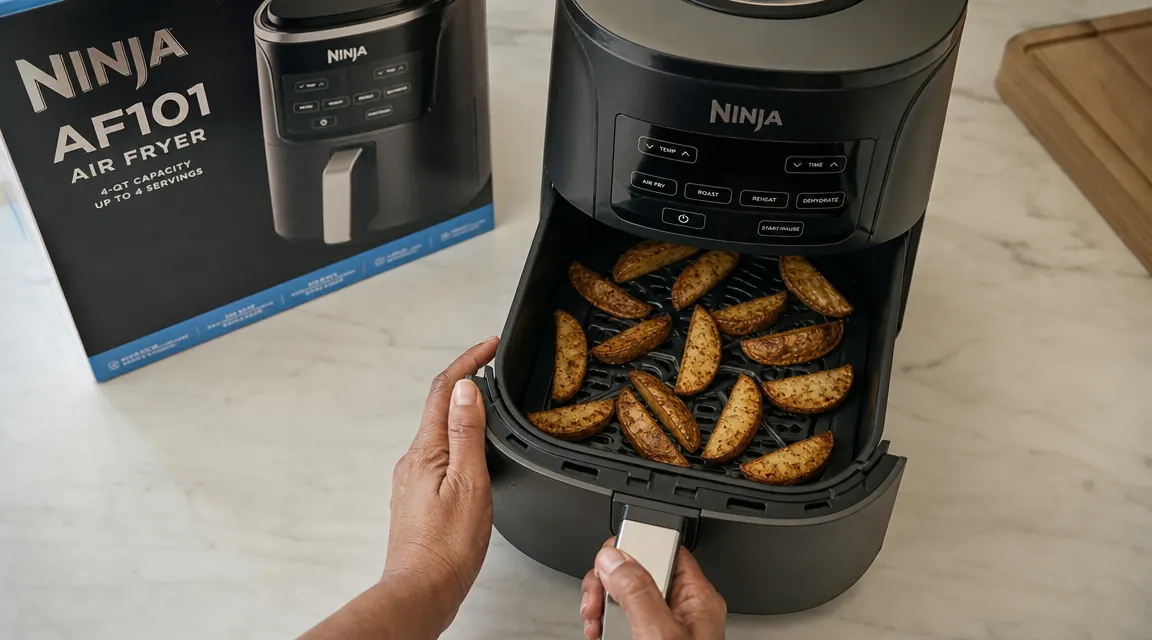 Air fryer basket half-filled with seasoned potato wedges in a single layer showing proper spacing