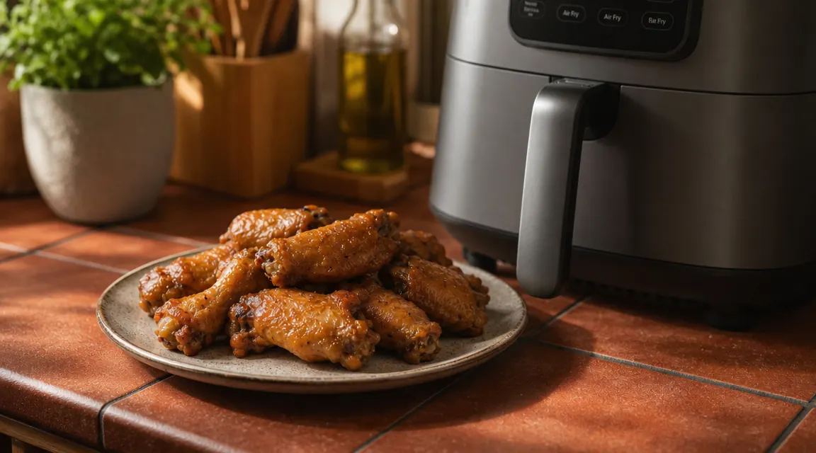 Finished golden crispy chicken wings on a plate next to a compact air fryer on a small kitchen counter