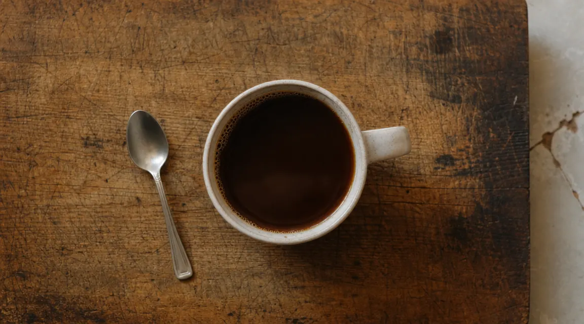 Cup of dark rich coffee on a wooden cutting board with a small spoon beside it