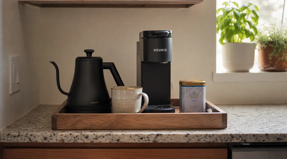A compact kitchen with a coffee station zone: electric kettle, one mug, tea tin, and single-serve coffee maker grouped together on a corner of the counter