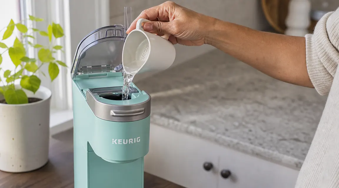 Hand pouring water directly into the top fill opening of a Keurig K-Mini from a small measuring cup