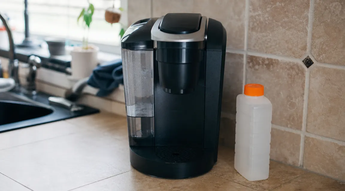 Keurig K-Mini descaling solution bottle beside the coffee maker on a kitchen counter