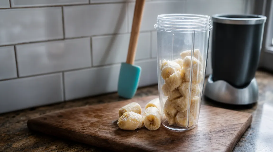 Frozen banana chunks in a Magic Bullet cup before blending, with a small spatula nearby