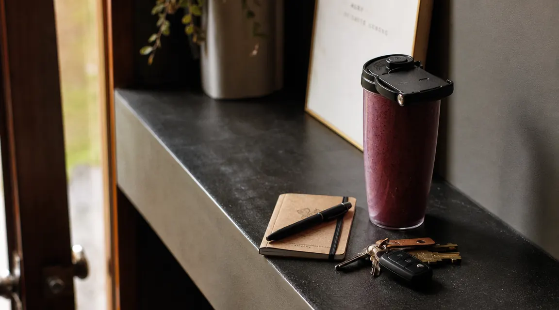 A full smoothie in a travel cup sitting next to a small notebook and house keys, ready to go out the door