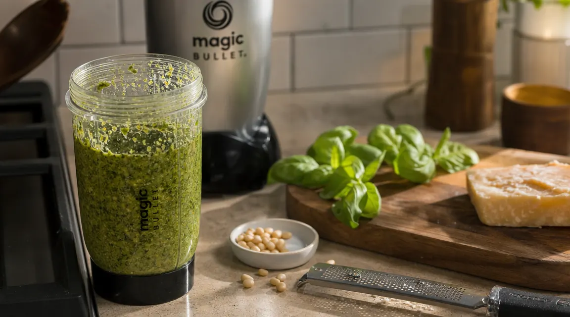 Magic Bullet cup with pesto blend and a small rubber spatula resting on a wooden cutting board next to fresh basil leaves