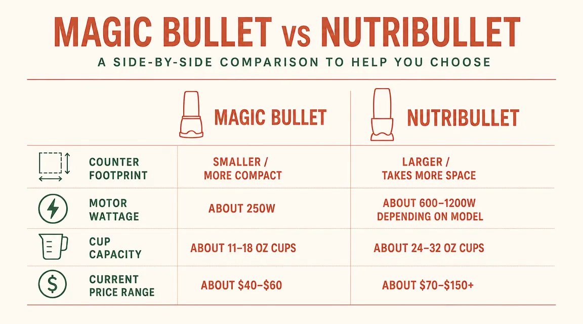 Side-by-side counter footprint comparison chart of Magic Bullet versus NutriBullet