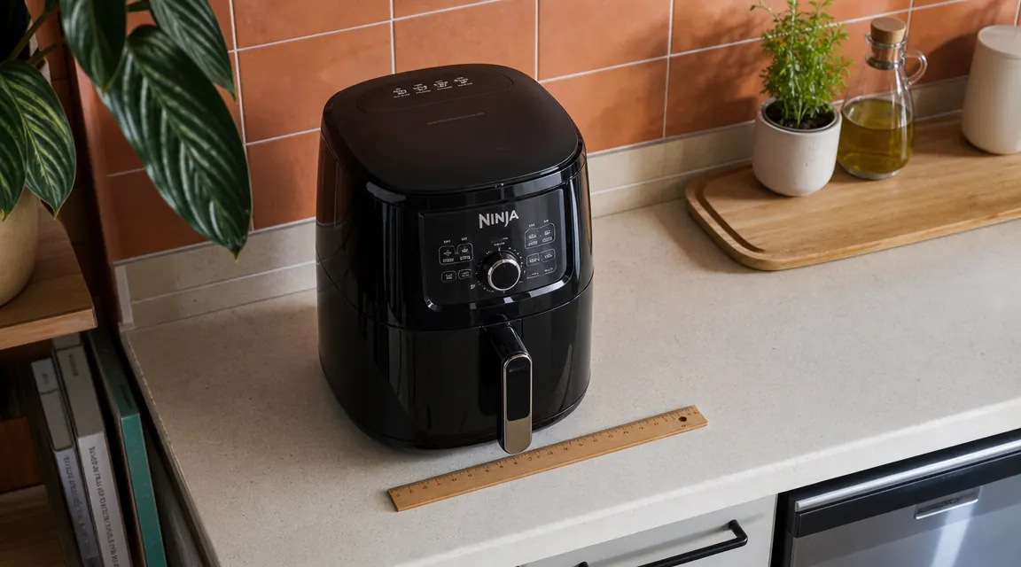 Small apartment kitchen counter showing the Ninja AF101 footprint measured against a standard kitchen tile, demonstrating its compact size