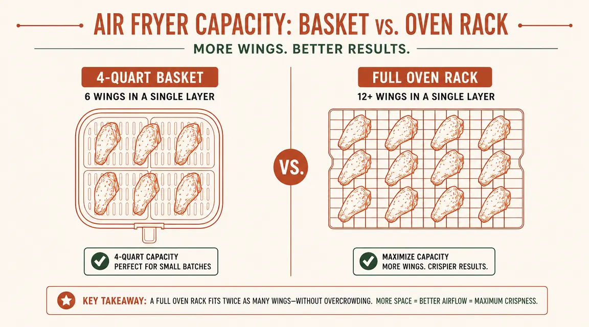 Side-by-side overhead view showing how many chicken wings fit in a 4-quart air fryer basket versus a full oven rack
