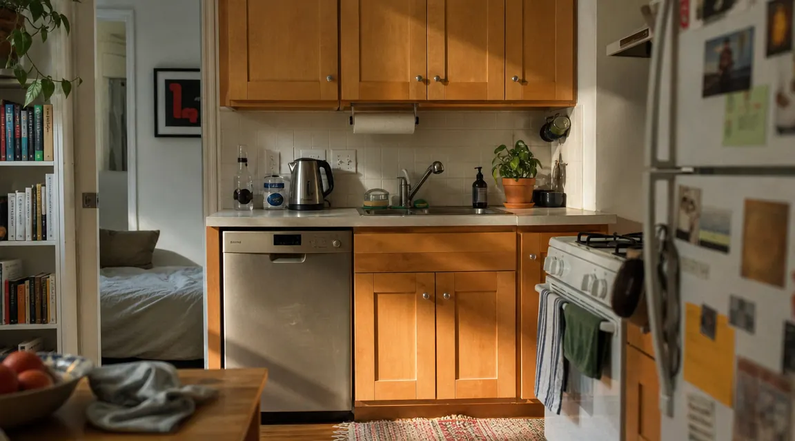 Small apartment kitchen with minimal counter clutter, one air fryer visible, organized shelving above